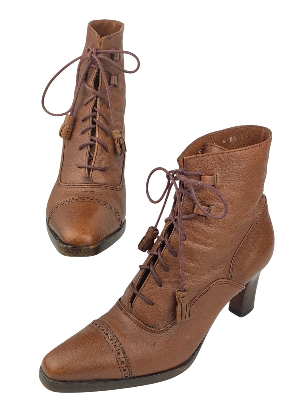 Ralph Lauren Leather Victorian Lace Up Granny Ankle Boot Womens Brown Italy 9AA